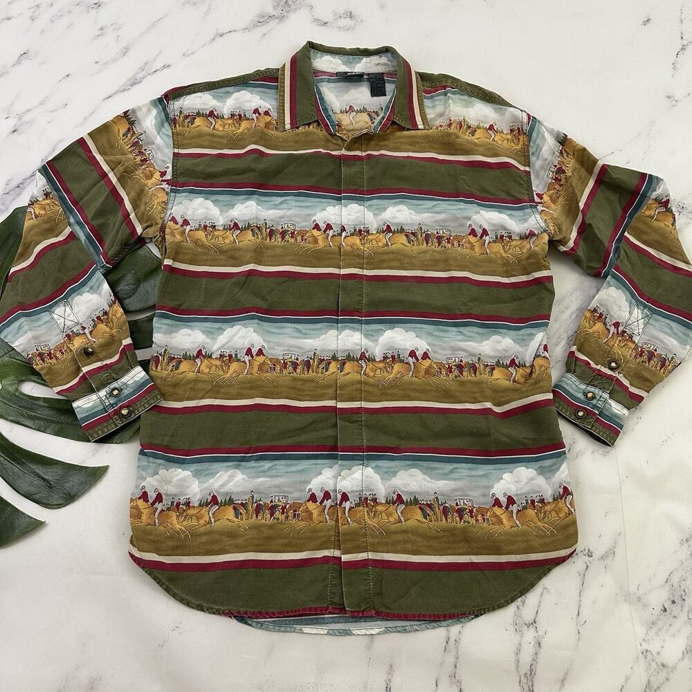 Liz Wear Womens Vintage Button Up Shirt Size M Green Blue Horses Racing Print
